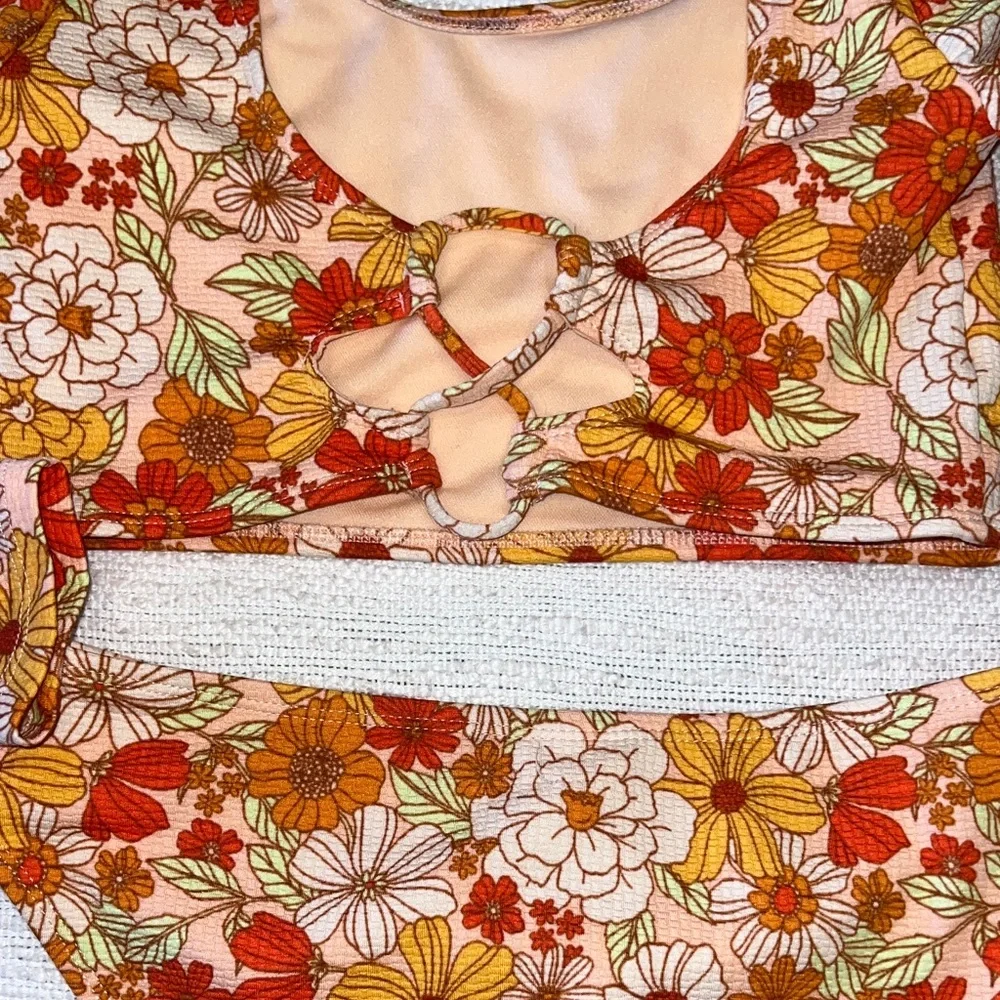 Art Class Floral Rash Guard Bikini Set- Pink and Orange Floral Size XL (14)
